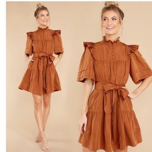 Crosby by Mollie Burch Maisie Tiered Mini Dress Tie Waist Ruffle Sleeve Rust M